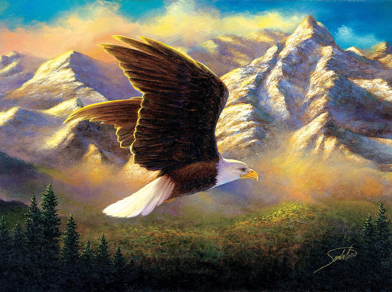 Flying high, by Abraham Hunter, eagle, Abraham Hunteer, fly, sky, dom, HD wallpaper