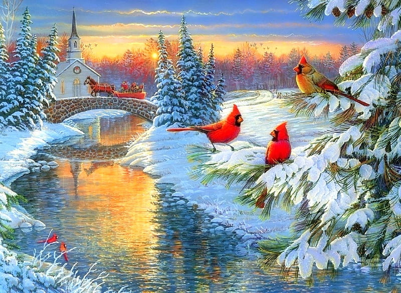 Winter Crossing, Christmas, holidays, attractions in dreams, xmas and new year, cardinals, paintings, churches, carriages, bridges, white trees, love four seasons, creek, horses, winter, snow, nature, chapel, HD wallpaper