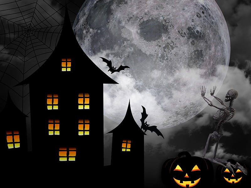 Happy Halloween!, halloween, haunted house, black, lights, skeleton, moon, fantasy, moon, bat, vector, night, HD wallpaper