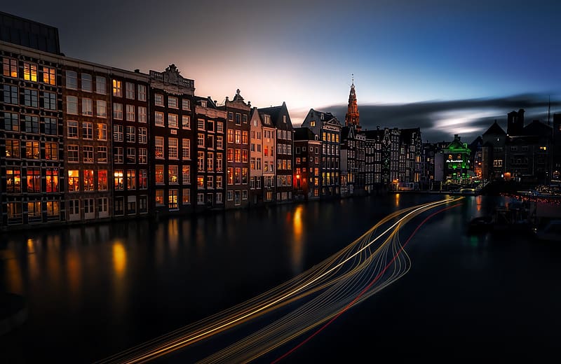 Cities, Night, City, Light, House, Netherlands, Amsterdam, , Time Lapse, Canal, HD wallpaper