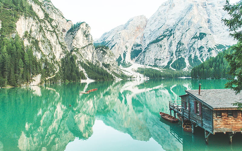 Dolomites, emerald lake, mountain lake, glacial lake, mountain landscape, Hochpustertal, South Tyrol, Italy, HD wallpaper