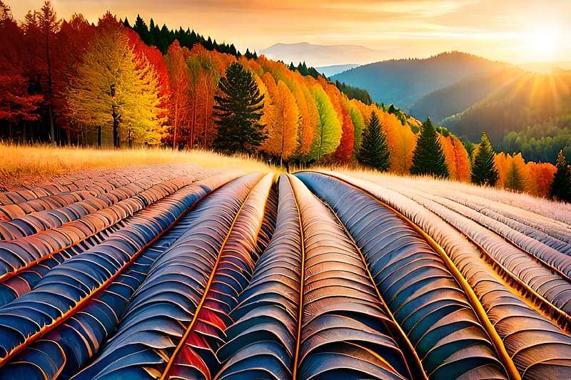Autumn Forest and rows of solar panels, Sunrise, Mountains, Autumn, Forest, Trees, HD wallpaper