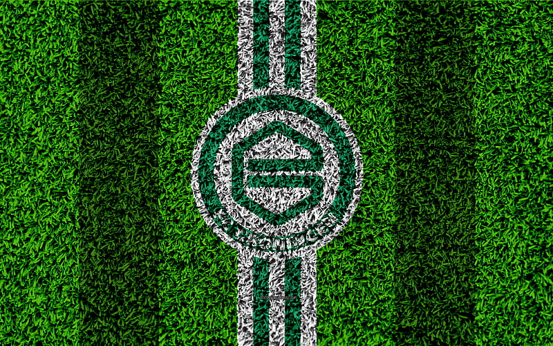 Groningen FC emblem, football lawn, Dutch football club, logo, grass texture, Eredivisie, green white lines, Groningen, Netherlands, football, HD wallpaper