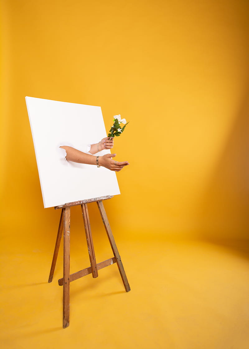 easel, canvas, hands, flowers, illusion, installation, HD phone wallpaper