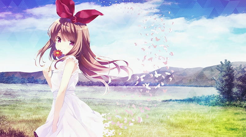Cute girl, red, pretty, girl, montains, anime, flower, white dress, lake, HD wallpaper