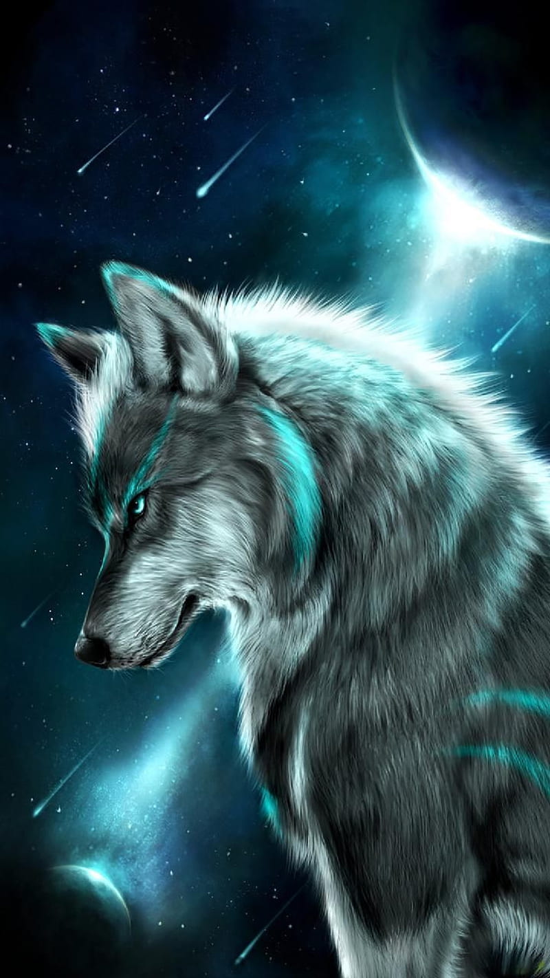 Wolf in space, moon, blue, lone, HD phone wallpaper