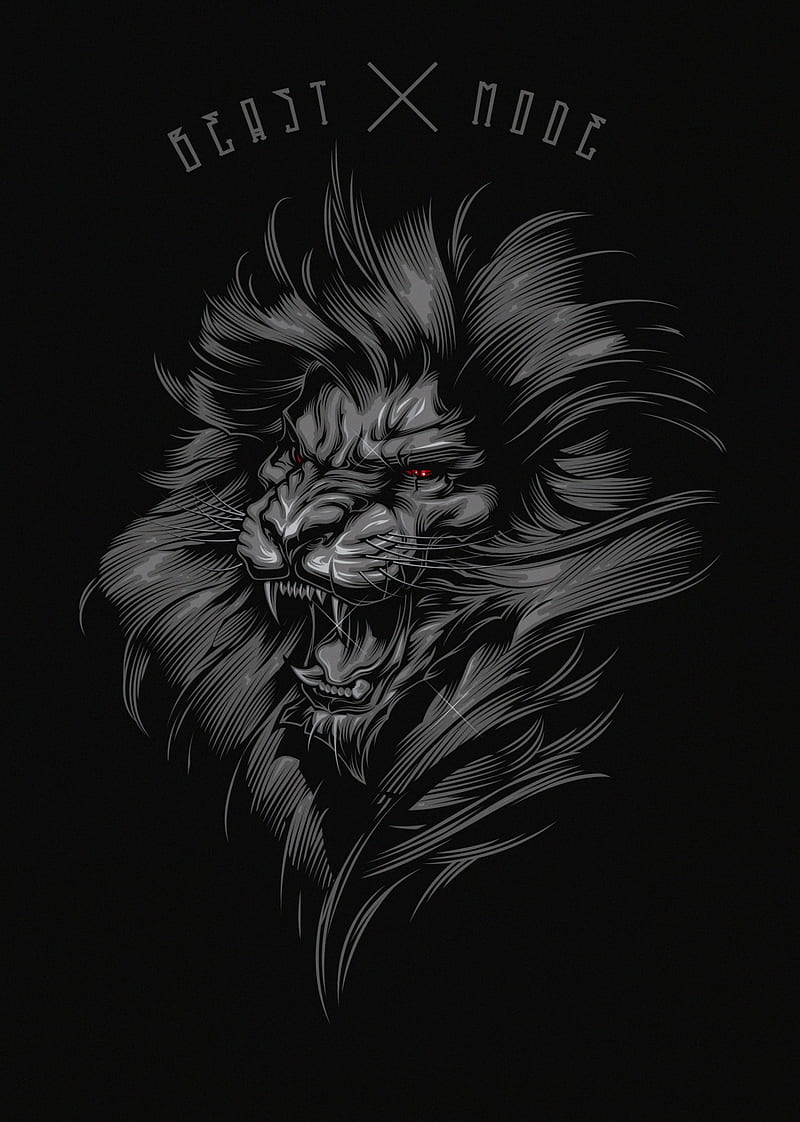 lion, grin, art, inscription, gray, black, HD phone wallpaper