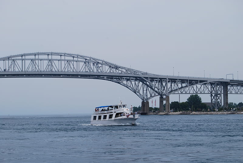 The Huron Lady, water, boat, bridge, blue, HD wallpaper
