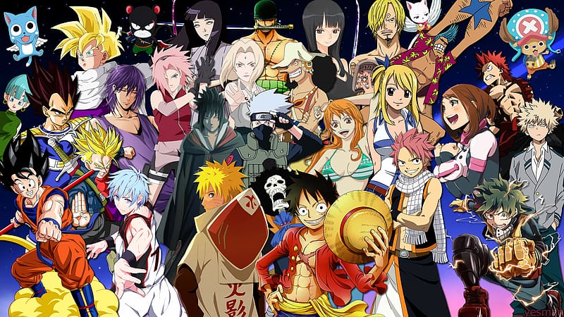 Anime, Naruto, Crossover, Dragon Ball Z, Sasuke Uchiha, Hinata Hyuga, Sakura Haruno, Goku, Gohan (Dragon Ball), Trunks (Dragon Ball), One Piece, Tony Tony Chopper, Naruto Uzumaki, Kakashi Hatake, Usopp (One Piece), Roronoa Zoro, Monkey D Luffy, Nami (One Piece), Sanji (One Piece), Brook (One Piece), Nico Robin, Fairy Tail, Lucy Heartfilia, Natsu Dragneel, Happy (Fairy Tail), Atsushi Murasakibara, Tetsuya Kuroko, Kuroko's Basketball, Charles (Fairy Tail), Panther Lily (Fairy Tail), Bulma (Dragon Ball), Izuku Midoriya, Katsuki Bakugou, My Hero Academia, Ochaco Uraraka, Eijiro Kirishima, Vegito (Dragon Ball), HD wallpaper