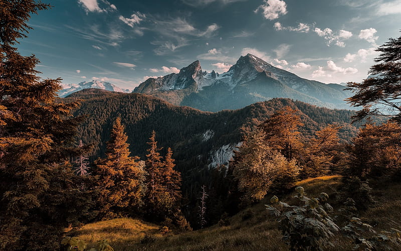 Mountains, sunset, forest, autumn, mountain landscape, Bavaria, Germany, Watzmann, HD wallpaper