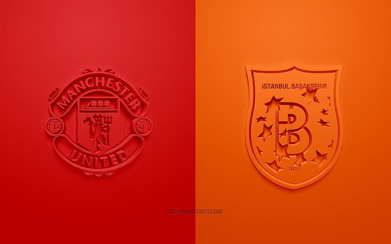 Manchester United vs Istanbul Basaksehir, UEFA Champions League, Group H, 3D logos, red orange background, Champions League, football match, Manchester United FC, Istanbul Basaksehir, HD wallpaper