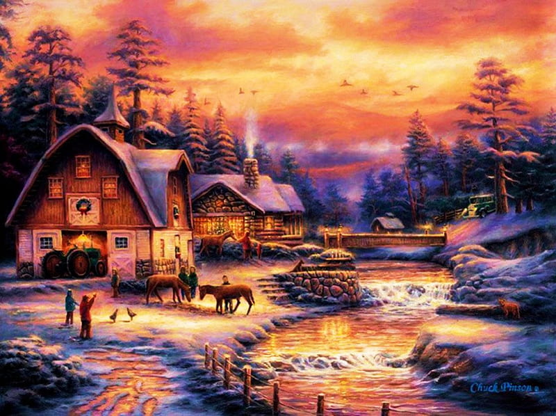 First Snow in Village, tractor, cottages, river, sunset, trees, sky, HD wallpaper
