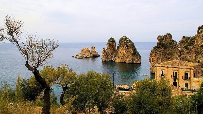 rocky cliffs on mediterranean seaside, rocks, shore, house, cliffs, trees, sea, HD wallpaper