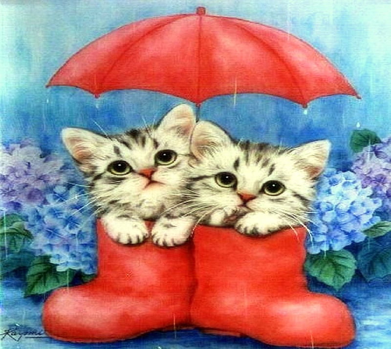 ..Red Boots in the Rain.., pretty, draw and paint, umbrella, adorable, seasons, paintings, animals, lovely, love four seasons, kittens, creative pre-made, dogs and cats, rainy, cute, weird things people wear, cats, beloved valentines, red boots, HD wallpaper