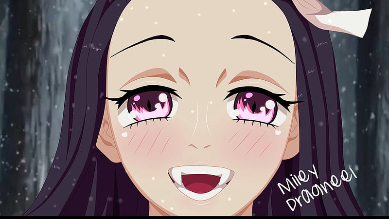 Demon Slayer Nezuko Kamado With Pink Eyes With Background Of Snow Falling And Trees Anime, HD wallpaper