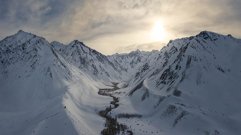 Snow Covered Mountains With Background Of Sun And Cloudy Sky Winter, HD wallpaper