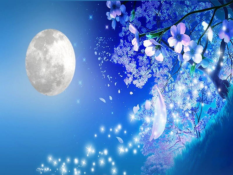 Blue Night, stars, moon, pink flowers, blue sky, white, trees, night ...