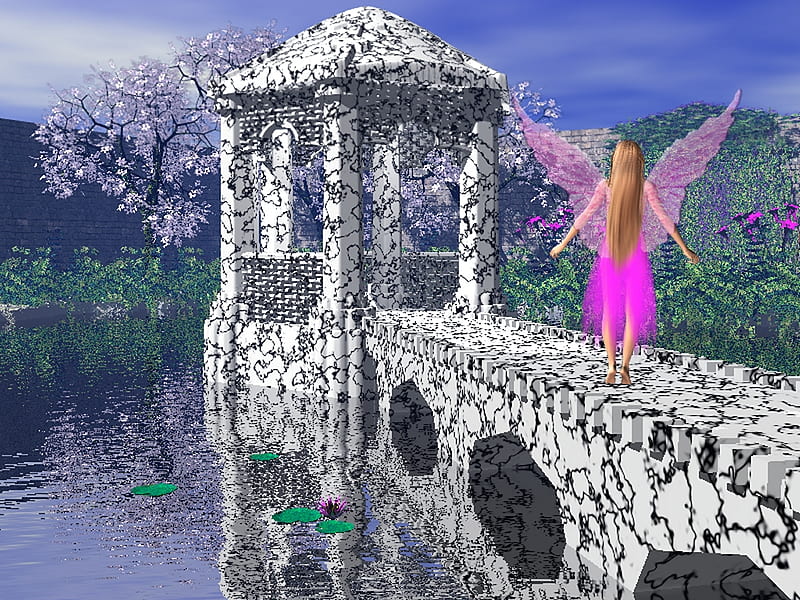 Fairy's Garden, tree, fantasy, water, flowers, garden, sky, fairy, other, HD wallpaper