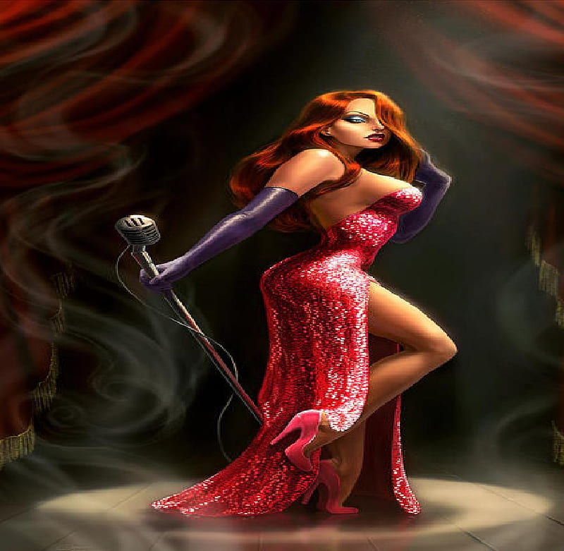 Jessica Rabbit, red dress, singing, smoke, spotlight, HD wallpaper