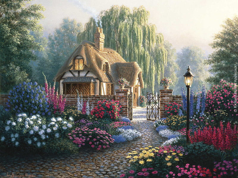Cottage Gate, gate, flowers, lamp, cottage, HD wallpaper | Peakpx