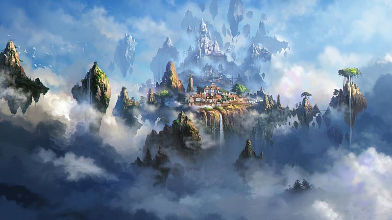 fantasy city, tower, artwork, cluffs, falls, city, clouds, rocks, HD wallpaper