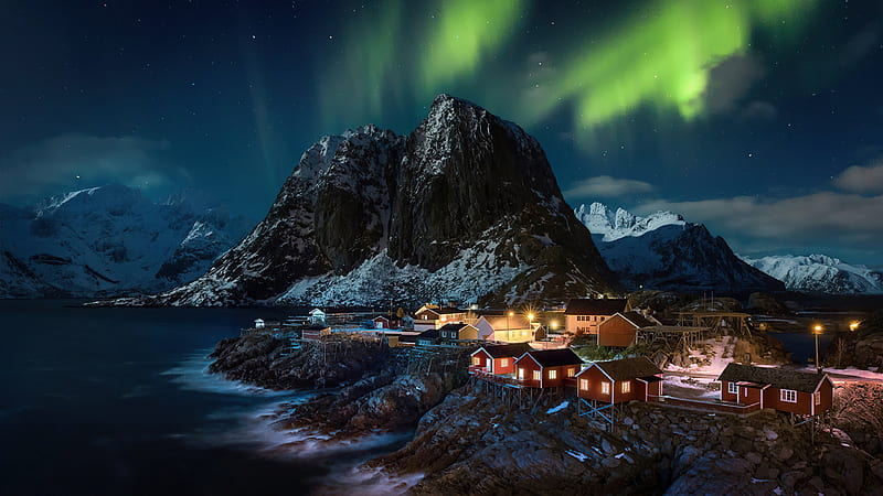 Aurora Northern Lights Lofoten Norway Village Nature, HD wallpaper