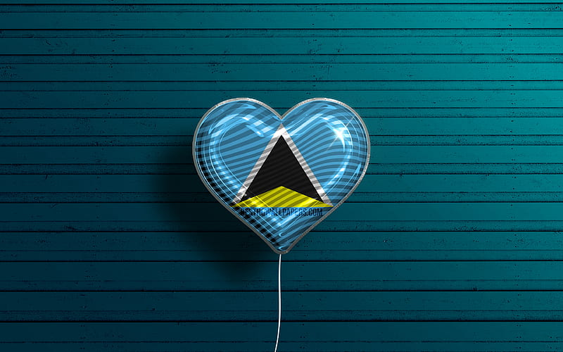 I Love Saint Lucia realistic balloons, blue wooden background, North American countries, Saint Lucian flag heart, favorite countries, flag of Saint Lucia, balloon with flag, Saint Lucian flag, North America, Love Saint Lucia, HD wallpaper