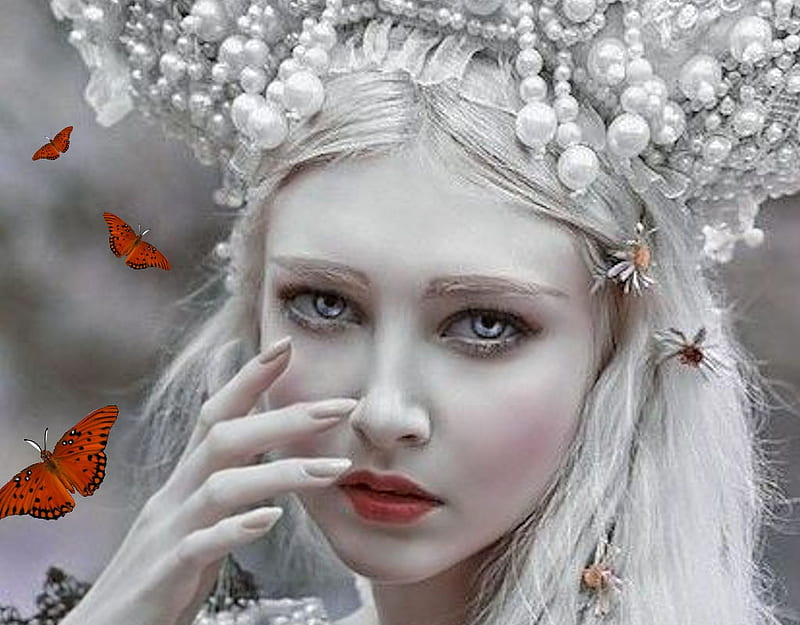Ethereal Queen, queen, women are special, butterflies, etheral women, lips nails eys hair art, wispy, white, female trendsetters, blue, red, dreamy, ethereal, delicate, HD wallpaper