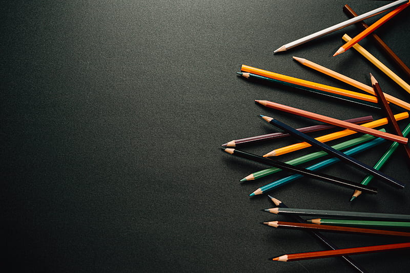 pencils, multicolored, black, surface, HD wallpaper