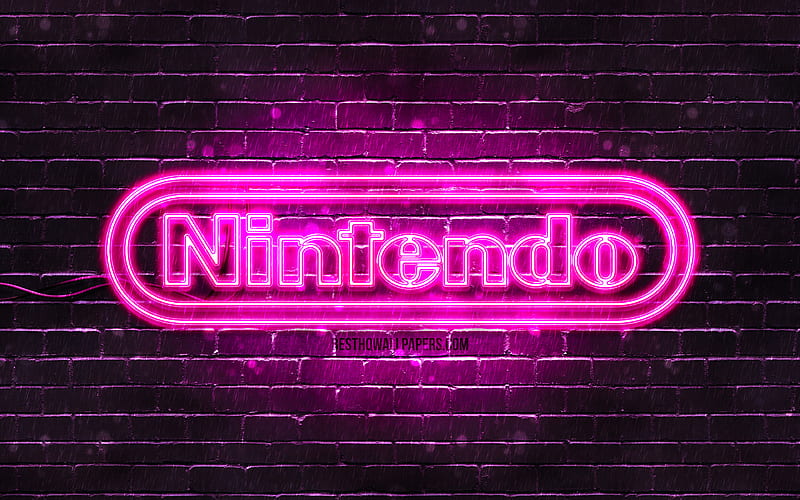 Nintendo purple logo purple brickwall, Nintendo logo, brands, Nintendo neon logo, Nintendo, HD wallpaper