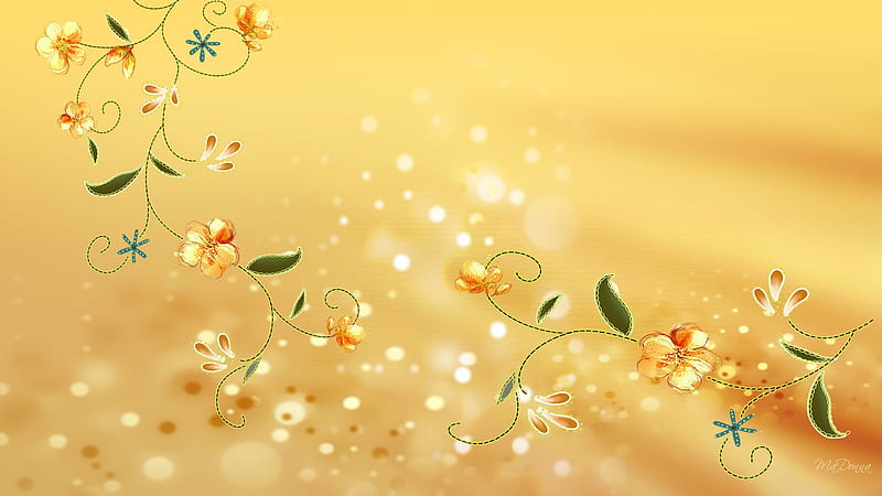 Golden Life, art, glow, orange, streaks, yellow, firefox persona, abstract, sparkles, vine, gold, blossoms, flowers, blooms, HD wallpaper