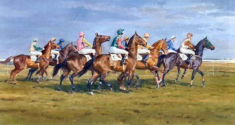 Start of the Horse Race , race, racing, equine, bonito, artwork, animal, painting, wide screen, art, Old Master, thoroughbred, Peter Smith, horse, Smith, equestrian, sport, thorobred, HD wallpaper