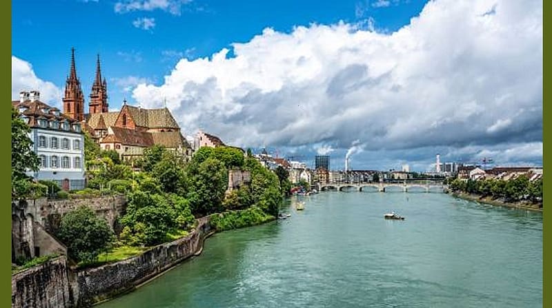 THE RIVER RHINE BASEL CH, TREES, CATHEDRAL SPIRES, BRIDGE, MAJOR RIVER, HD wallpaper
