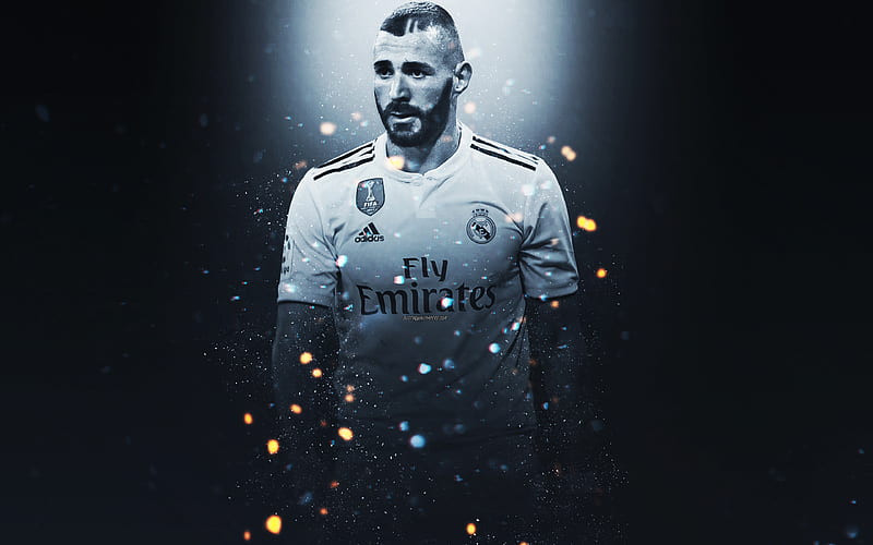 Karim Benzema creative art, Real Madrid, French footballer, lighting effects, gray background, portrait, La Liga, Spain, football players, HD wallpaper