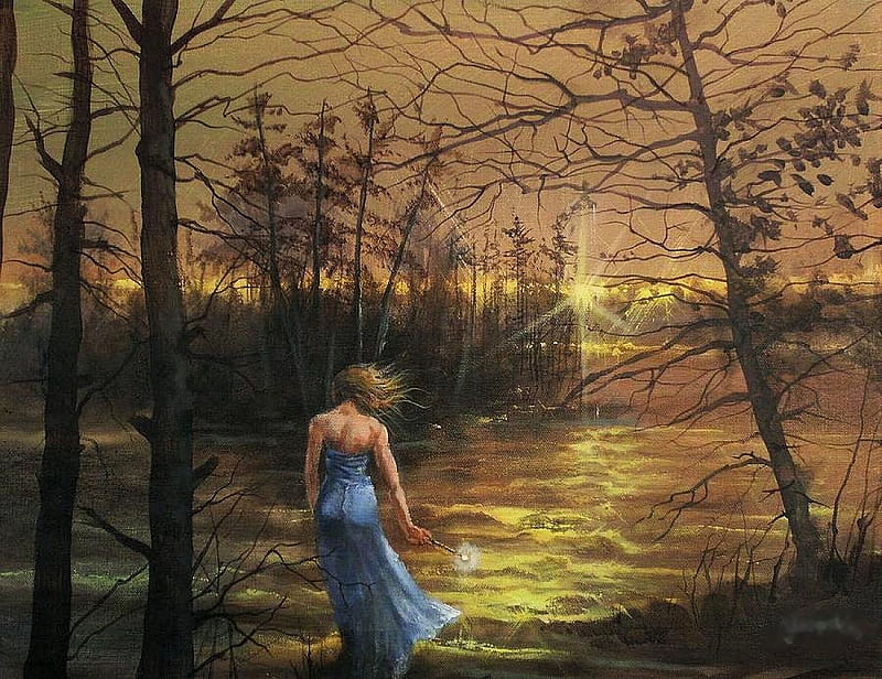 Mystery of the lake, trees, girl, sunset, twilight, reflection, sky, HD ...