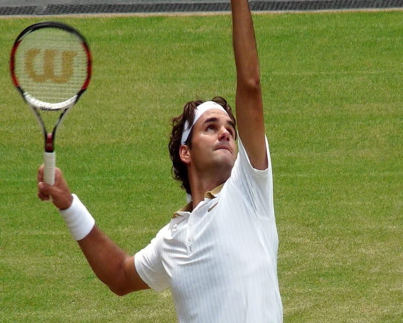 Roger Federer, playing, male, tennis player, raquet, white dress, HD wallpaper
