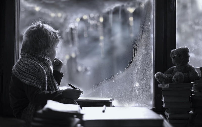 Winter story, toy, boy, window, winter, HD wallpaper