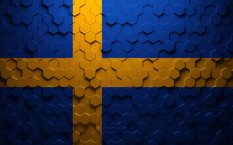 Flag of Sweden, honeycomb art, Sweden hexagons flag, Sweden, 3d hexagons art, Sweden flag, HD wallpaper