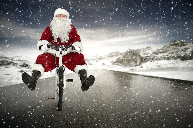 Funny Santa, red, craciun, christmas, man, old, winter, santa, bike, funny, HD wallpaper
