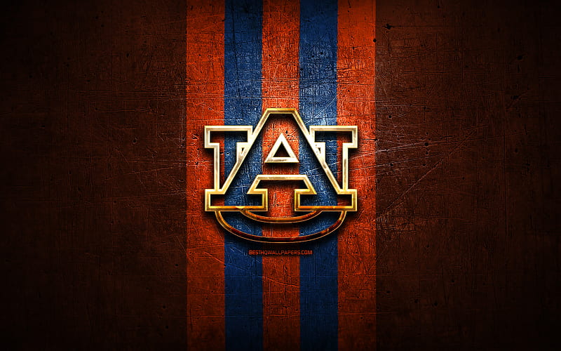 Auburn Tigers, golden logo, NCAA, orange metal background, american football club, Auburn Tigers logo, american football, USA, HD wallpaper