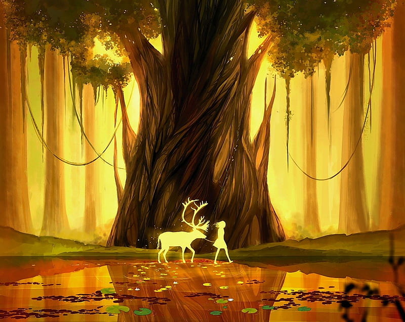 Golden forest, wonderful, bonito, deer, animal, leaves, gold, splendor, frest, tender, light, forest, colors, trees, lake, leaf, water, girl, maid, peaceful, imagination, HD wallpaper