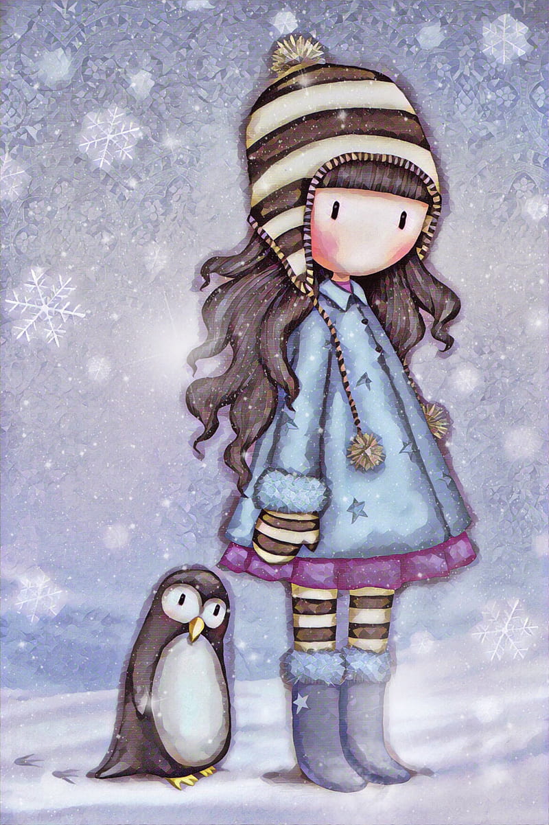 Best Friends, cold, girl, gorjuss, penguin, snow, snowflakes, winter, HD phone wallpaper