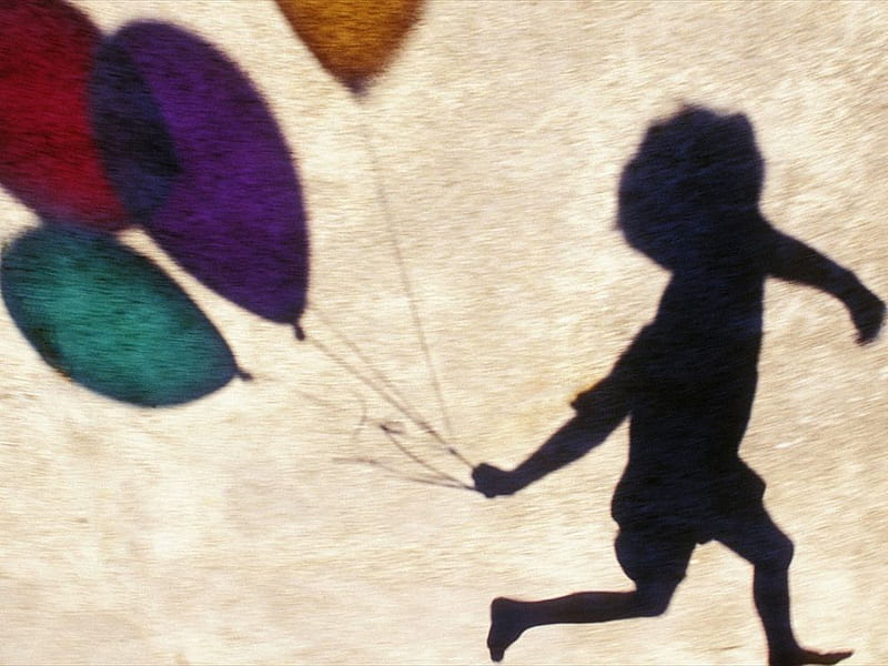boy with balloons, playing, love moment, baloons, enjoyment, children, shadow, dom, happy, graphy, balloons, running, HD wallpaper