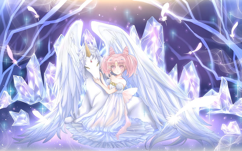 Pegasus, pretty, cg, bonito, wing, sweet, nice, twin tail, anime, feather, sailor moon, beauty, anime girl, long hair, rini, chibiusa, female, wings, lovely, twintail, gown, unicorn, twintails, smal lady, horse, twin tails, girl, crystal, pink hair, white, HD wallpaper