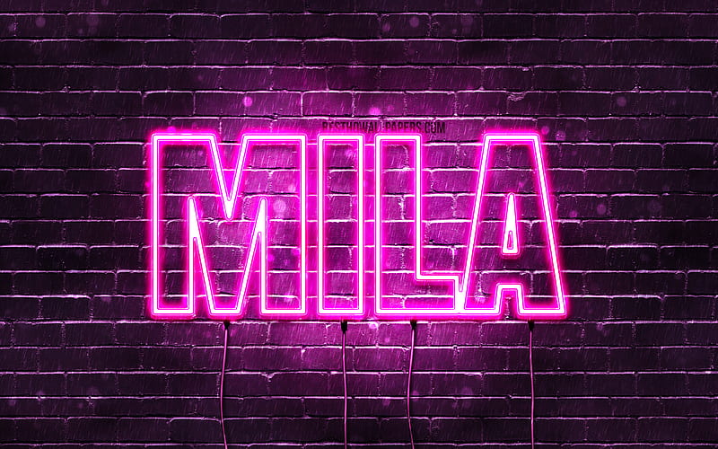Mila with names, female names, Mila name, purple neon lights, horizontal text, with Mila name, HD wallpaper