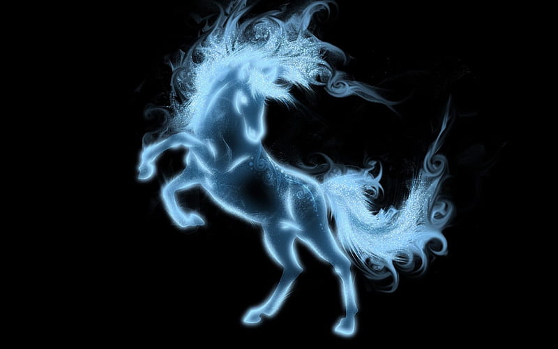 Magical horse, luminos, black, horse, animal, fantasy, water, magical, smoke, blue, HD wallpaper