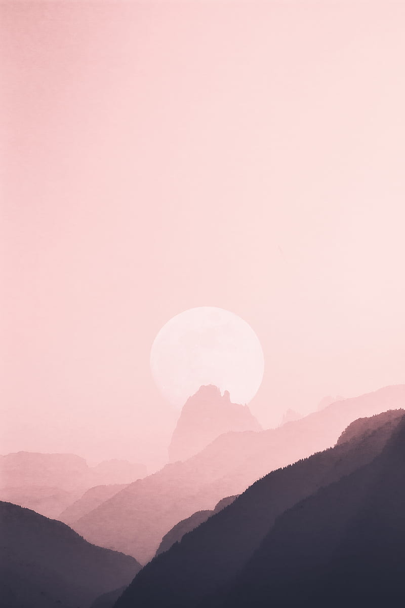 mountains, outlines, moon, pink, HD phone wallpaper