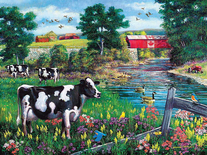 Canadian Countryside, covered bridge, painting, birds, ducks, flowers, river, cows, barn, HD wallpaper