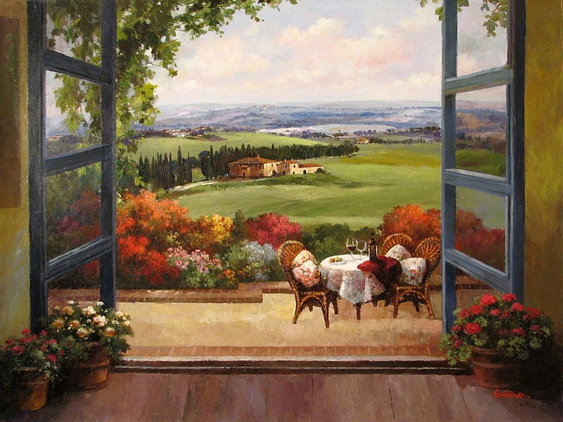 View from window, window, flowers, beauty, garden, lawn, field, landscape, HD wallpaper