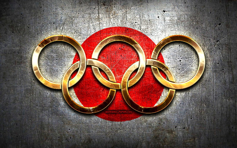 Japanese olympic team, golden olympic rings, Japan at the Olympics, creative, Japanese flag, metal background, Japan Olympic Team, flag of Japan, HD wallpaper